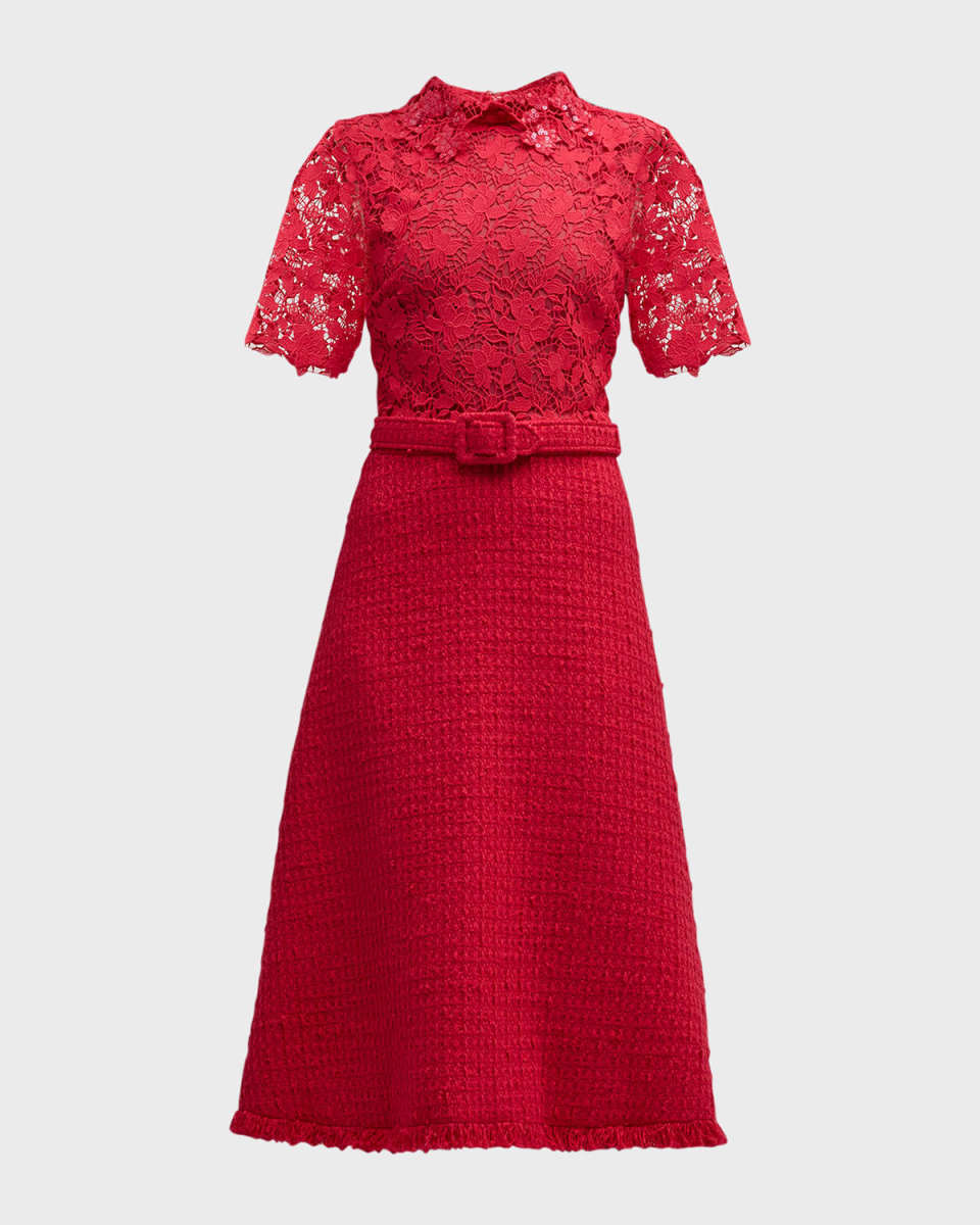 Short-Sleeve Gardenia Guipure And Tweed Midi Dress With Self-Belt